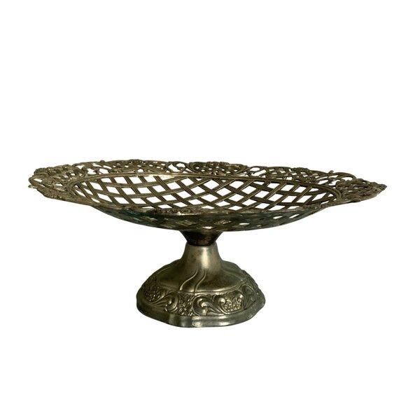 Vintage Silver Toned Lattice Compote Pedestal Bowl With Floral & Scroll Detail - Picture 5 of 8